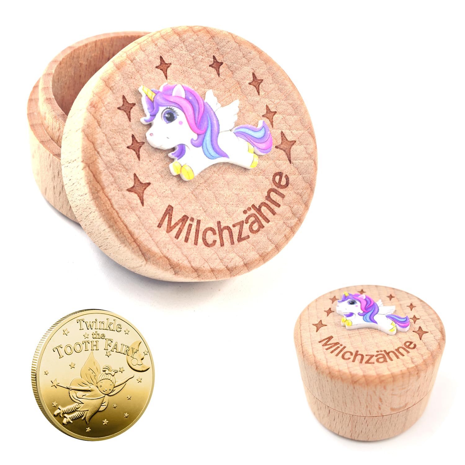 YOGAZEN Milchzahndose, Milchzähne Jungen, Zahndose Milchzähne Mädchen mit Zahnfee-Münzen, Bedruckt mit 3D-Einhorn Milchzahndose, Kreative Tauf- und Geburtstagsgeschenke für Frischgebackene Eltern