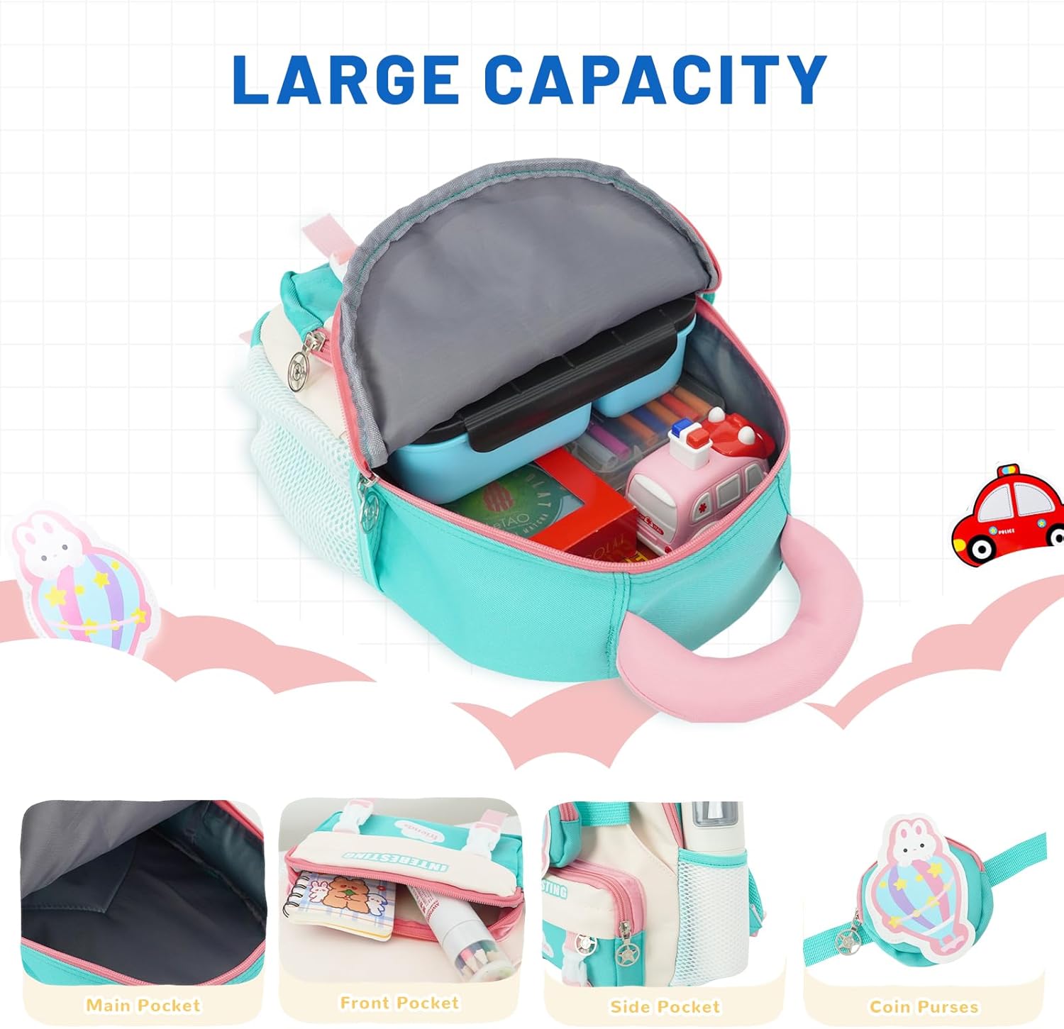 Preschool Backpack Set for Boys Girls 2-in-1 Toddler Kids Backpack 12in with Detachable Waist Bag Water-Resistant Oxford, Dark Blue Car - Image 5