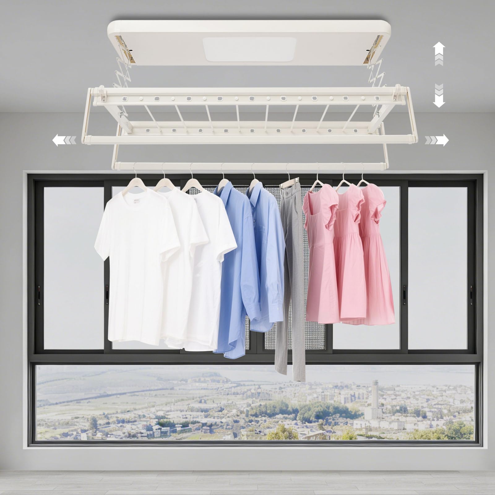 Elektrischer WäschestäNder Decke, Wäschetrockner Deckenmontage Mit Fernbedienung Und Led Beleuchtung, Ausziehbarer Deckentrockner Für Balkone Waschküchen, 125x31x7 cm, Off-White