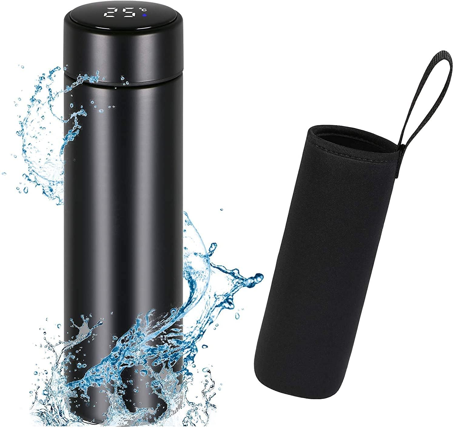Flintronic 500ml Water Bottle Vacuum Insulated Bottle, Travel Mugs, 304 Stainless Steel Touch Screen Smart Water Cup, Leakproof Keep Drinks Hot Cold, Sports Water Bottle for Cycling, Gym, Home-Black