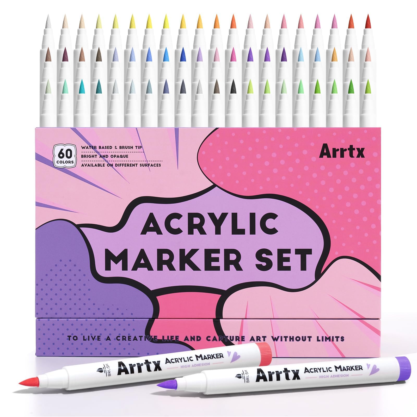 Arrtx Acrylic Paint Markers 60B,Brush Tip Acrylic Markers for Rock Painting,Glass,Stone,Wood,Ceramic Fabric Art Supplies,Stocking Stuffer Gifts for women men