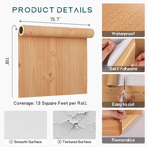 Miniatura 8 de VEELIKE Papel de contacto de madera de pino marrón de 15.7 x 118 pulgadas, papel de contacto de grano de madera de grano de madera para encimeras,