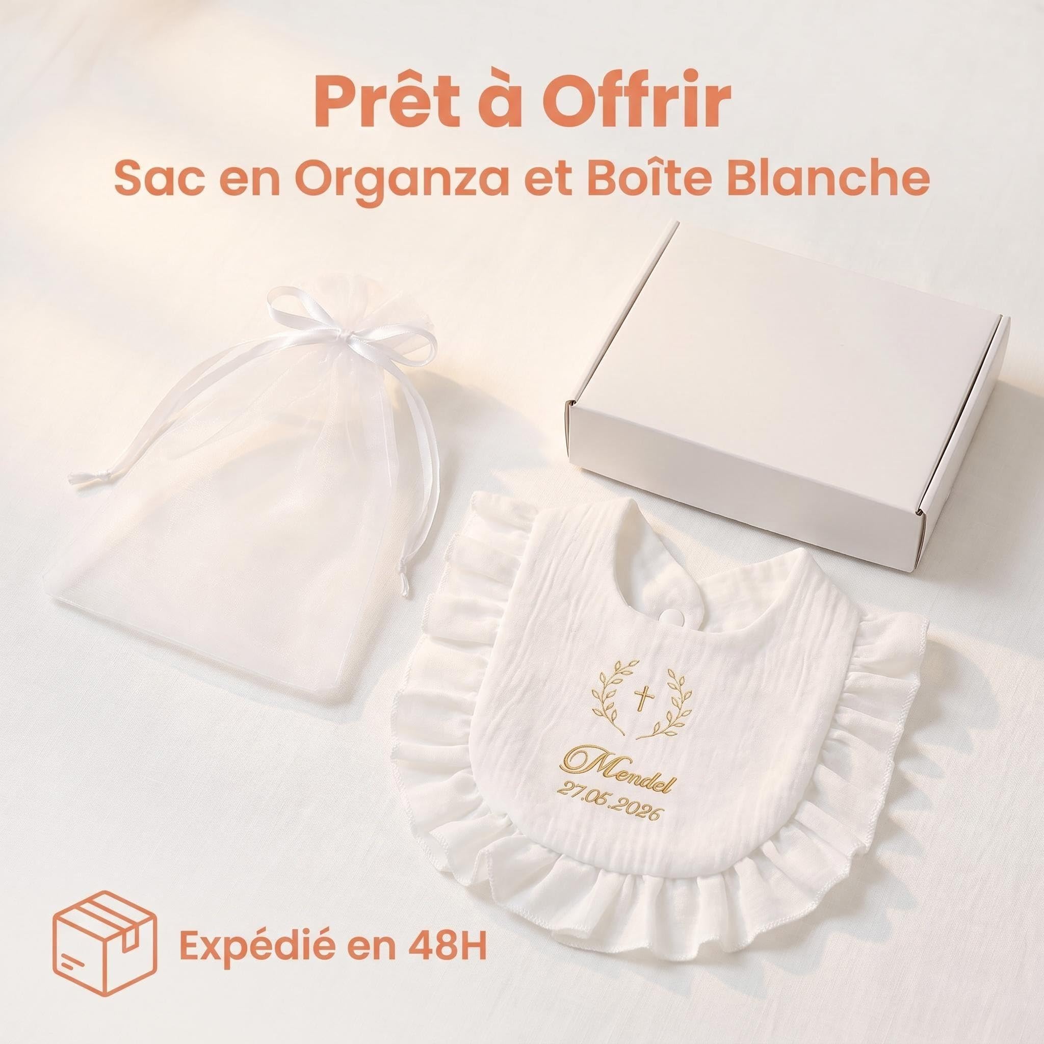 XIAOMA Bavoir Baptême Personnalisé pour Bébé – 100% Coton Doux, Broderie Prénom et Date, Cadeau Baptême avec Coffret, Livraison Rapide 48h