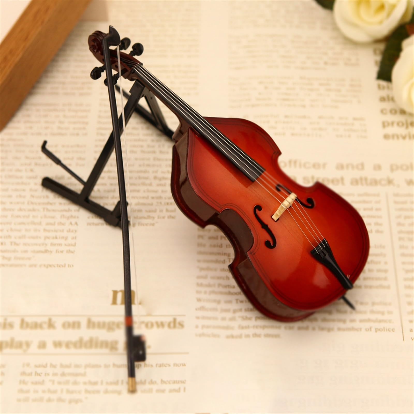 Miniatura Contrabbasso In Legno Con Supporto, Arco E Custodia - Modello Da Collezione 8 Cm Per Musicisti E Decorazione Casa