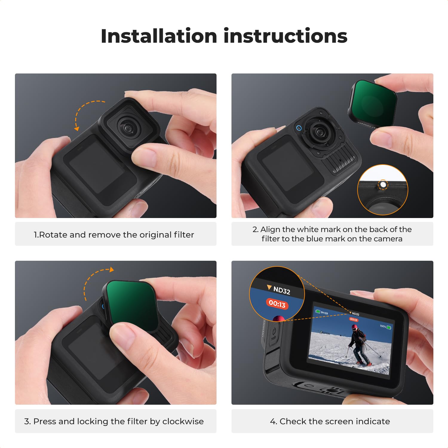 K&F Concept ND4, ND8, ND16, ND32 Filtry kompatybilne z Gopro Hero 13 12 11 10 9, wielowarstwowe powlekane szkło optyczne o neutralnej gęstości, wykryte przez HERO 13