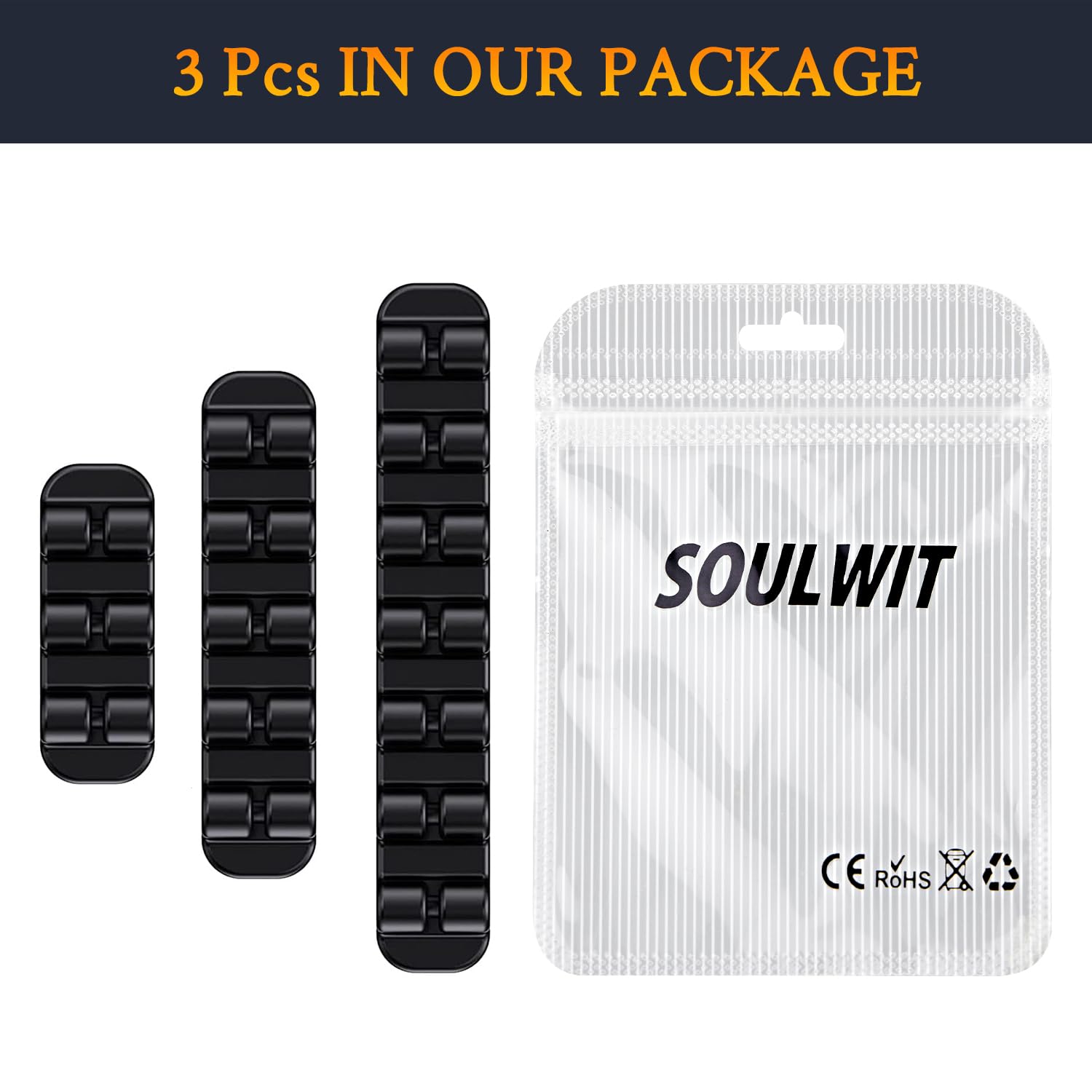 SOULWIT Upgraded Cable Holder Clips, 3-Pack Cable Management Cord Organizer Clips Silicone Self Adhesive for Desktop USB Charging Cable Power Cord Mouse Wire PC Office Home (3/5/7 Slot,Black) 2