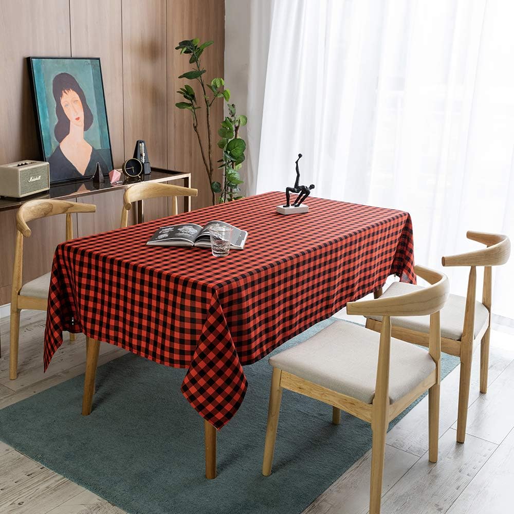 LOCIKA Round Gingham Checkered Tablecloth,Waterproof Spillproof Buffalo Plaid Tablecloth,Washable Wipeable Stain Resistant Fabric Tablecloth (Black and Red Checkered, 60" x 60" Round)