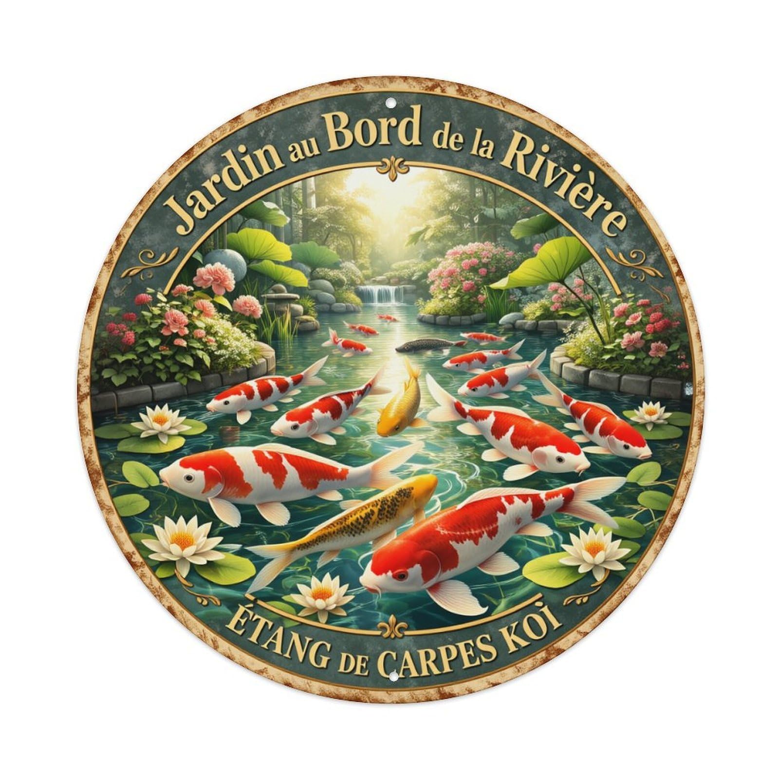 Koi Fish Garden River Scene Round Tin Sign Vintage Metal Poster, Home Bar Garage Man Cave Cafe Indoor & Outdoor Wall Decoration 8x8Inches