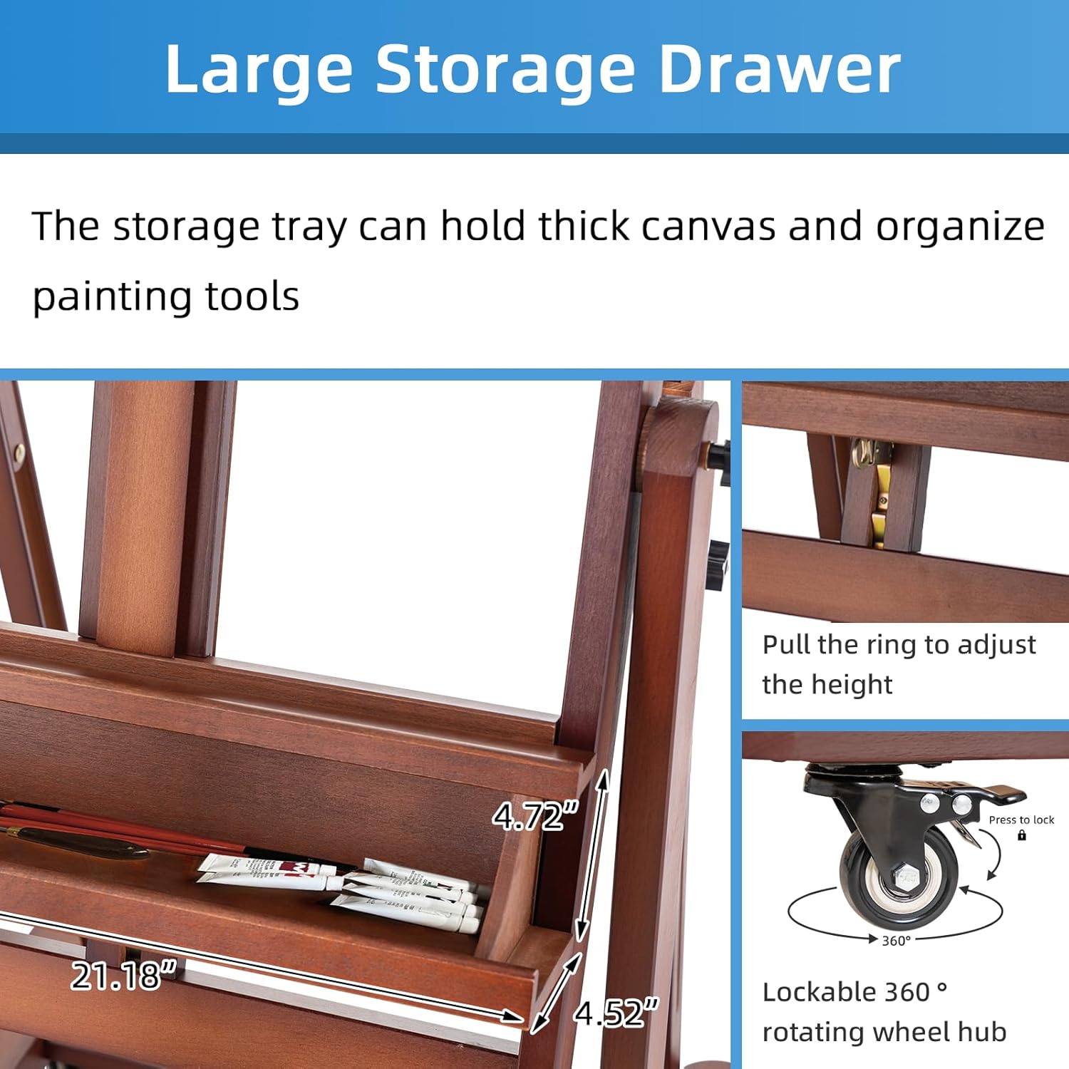 Falling in Art Extra Large H-Frame Studio Easel, Solid Beechwood Artist Easel with Storage Tray, Adjustable Canvas Holder Stand with Rolling Wheels for Painting Adult (Walnut)