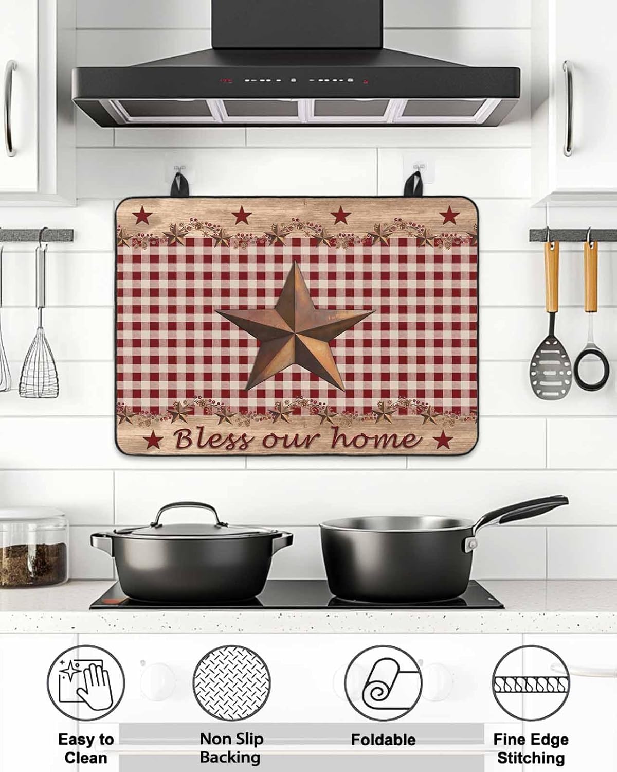 Stove Top Cover Barn Stars Berry Stove Cover for Electric Stove Top Farmhouses Rustic Wood Red Plaid Glass Cooktop Covers Anti-Slip Mat Heat Resistant Countertop Protector Kitchen Decor 28.5"x20.5"