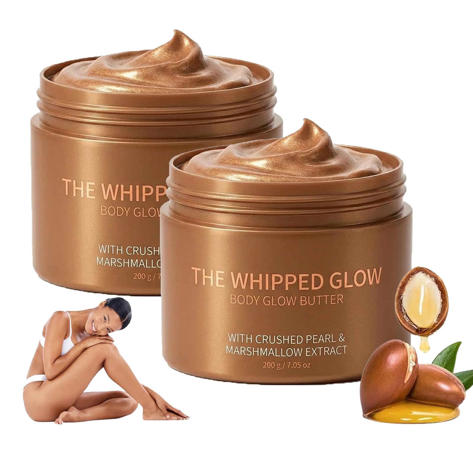 Whipped Glow Burro per il corpo, idratante e scintillante, con perle schiacciate ed estratto di cibico, per una pelle morbida, liscia e luminosa, leggero (2 pezzi)
