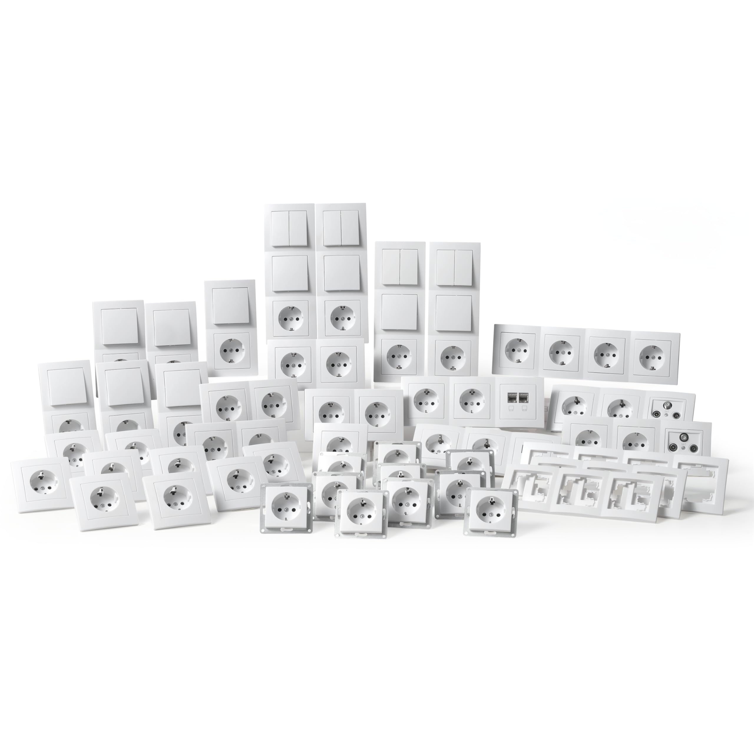MC POWER Ensemble de prises murales et interrupteurs FLAIR Megaset 100 pièces I Prise encastrée, prise antenne, interrupteur d'éclairage, prise réseau avec cadre en blanc mat