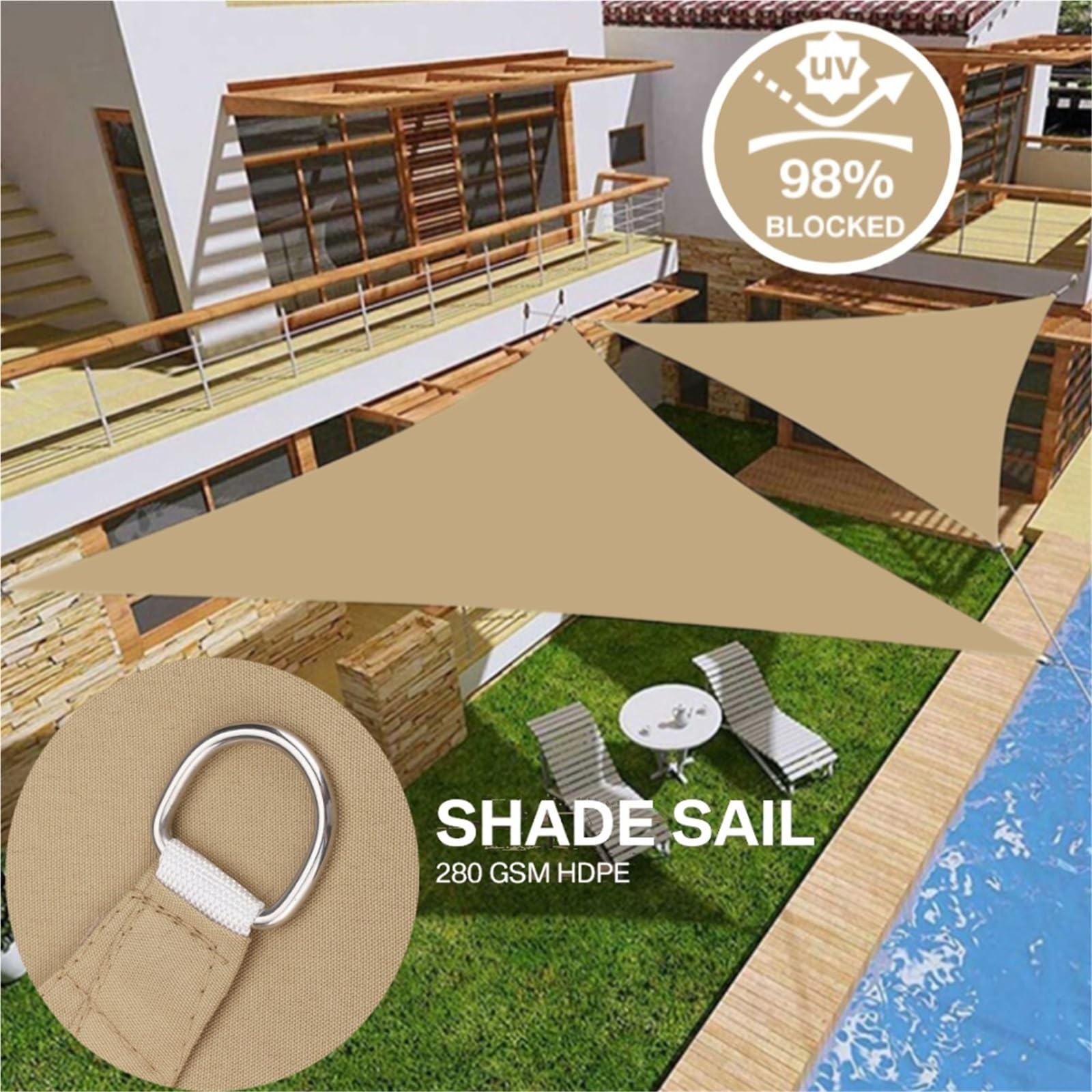 Sonnensegel Dreieckig 4 Größe 9 Farbe Wasserdicht Grau Schwarz Dreieck Sonnensegel Baldachin UV Block Unterstände for Outdoor Hinterhof Markise Garten(Sand and 24pc,300x300x300cm)