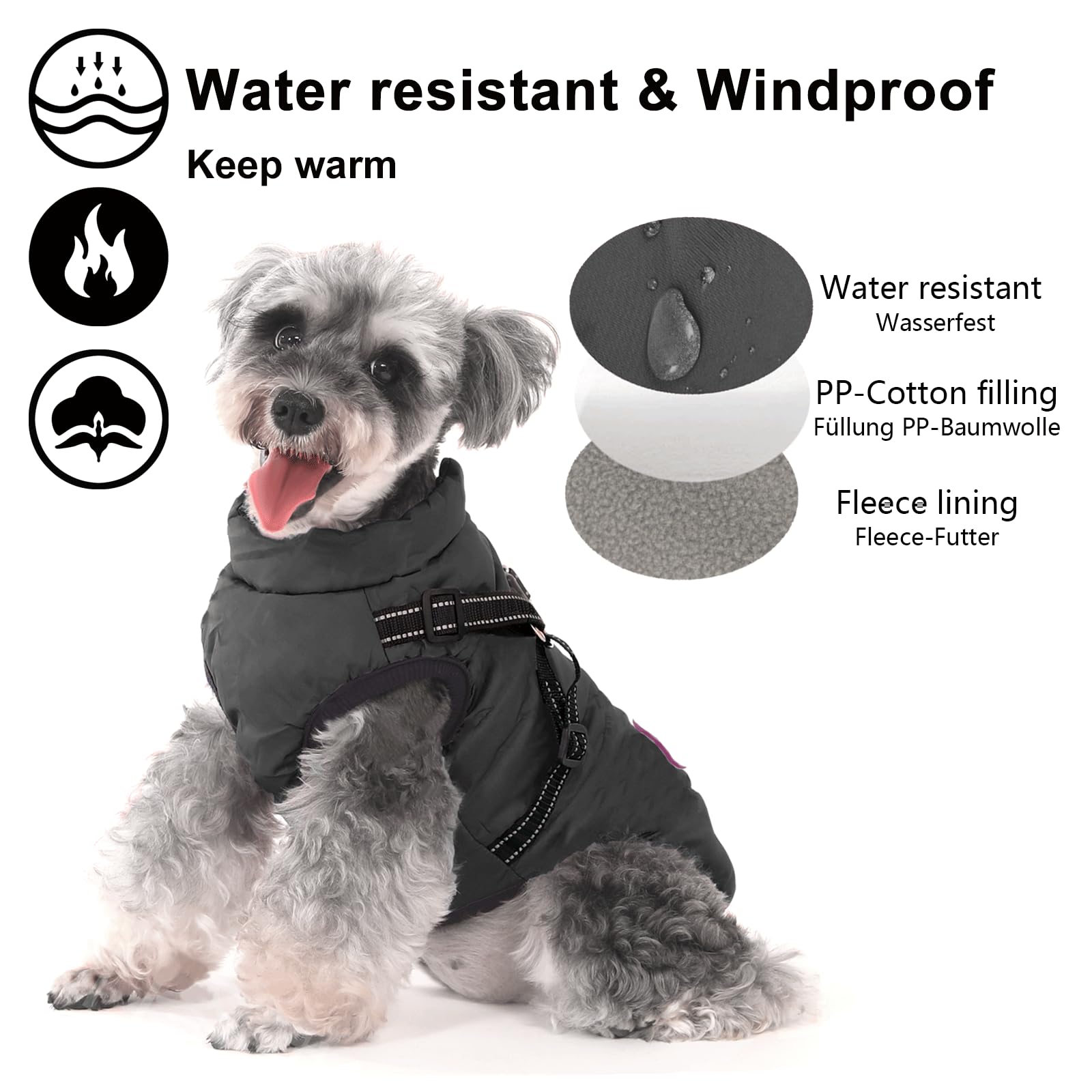 Aywoja Cappotto Cane Invernale, caldo, cappotto per cani con pettorina, impermeabile, lavabile in lavatrice, con strisce riflettenti, resistente anello a D