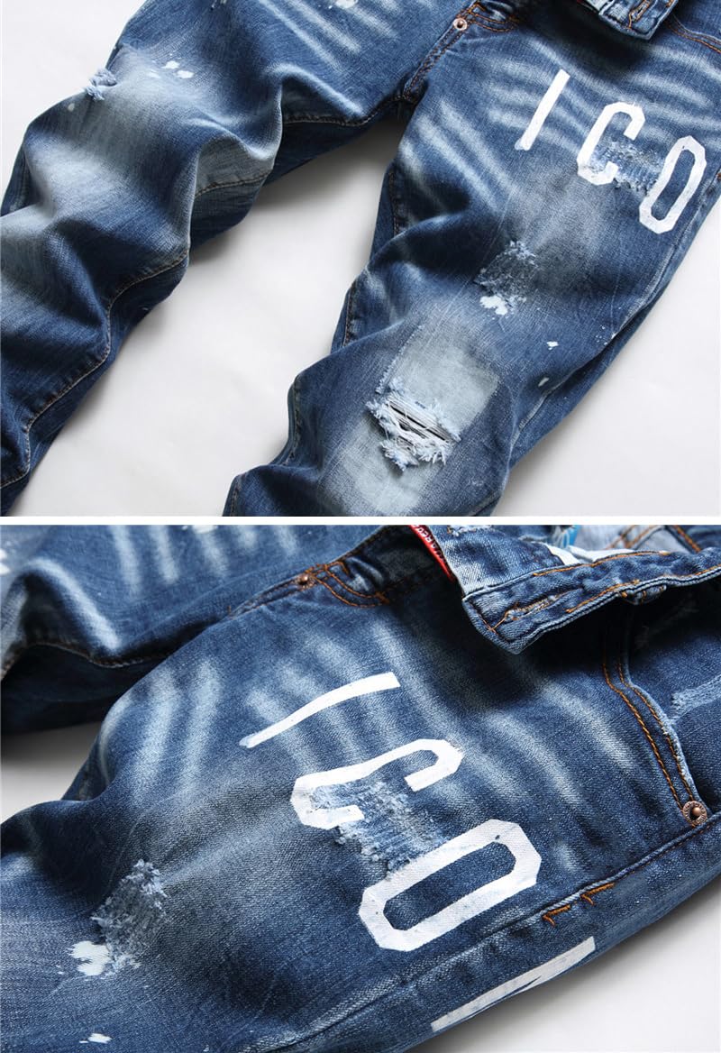 Jeans Uomo Slim Fit Strappati - Pantaloni in Denim Elasticizzato con Spruzzi di Inchiostro, Stile Urban e Streetwear Y2K