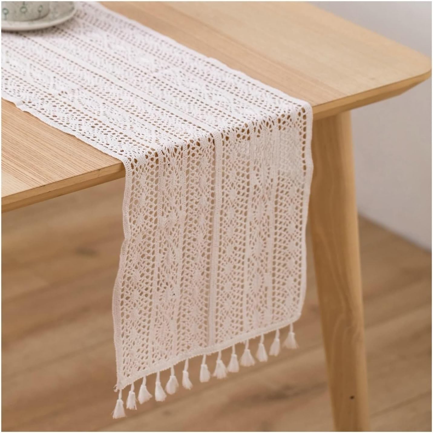 Kitchen Dining Table Runner,12" x 63",Hollow Lace with Tassels Linen Table Runner Table Runner Black