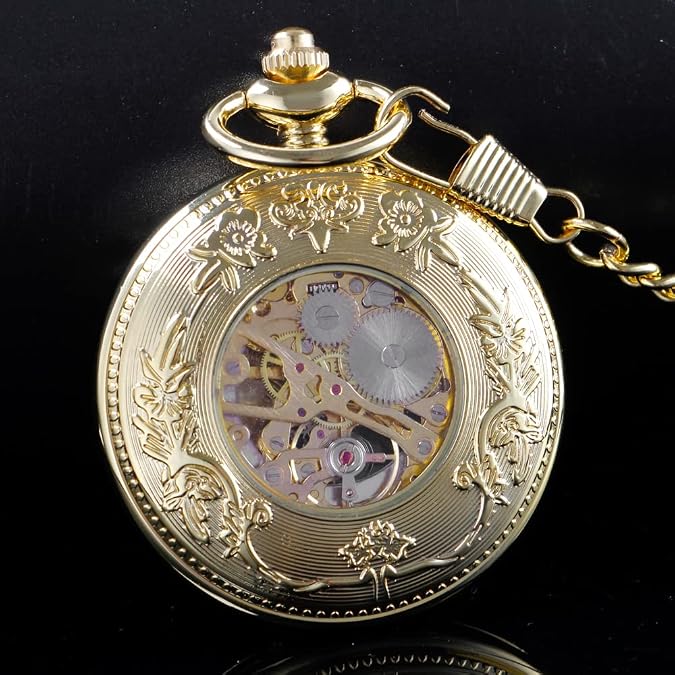 Men's Mechanical Hollow Dragon Design Hand Wind Pocket Watch Roman Numerals Steampunk with Chain Box