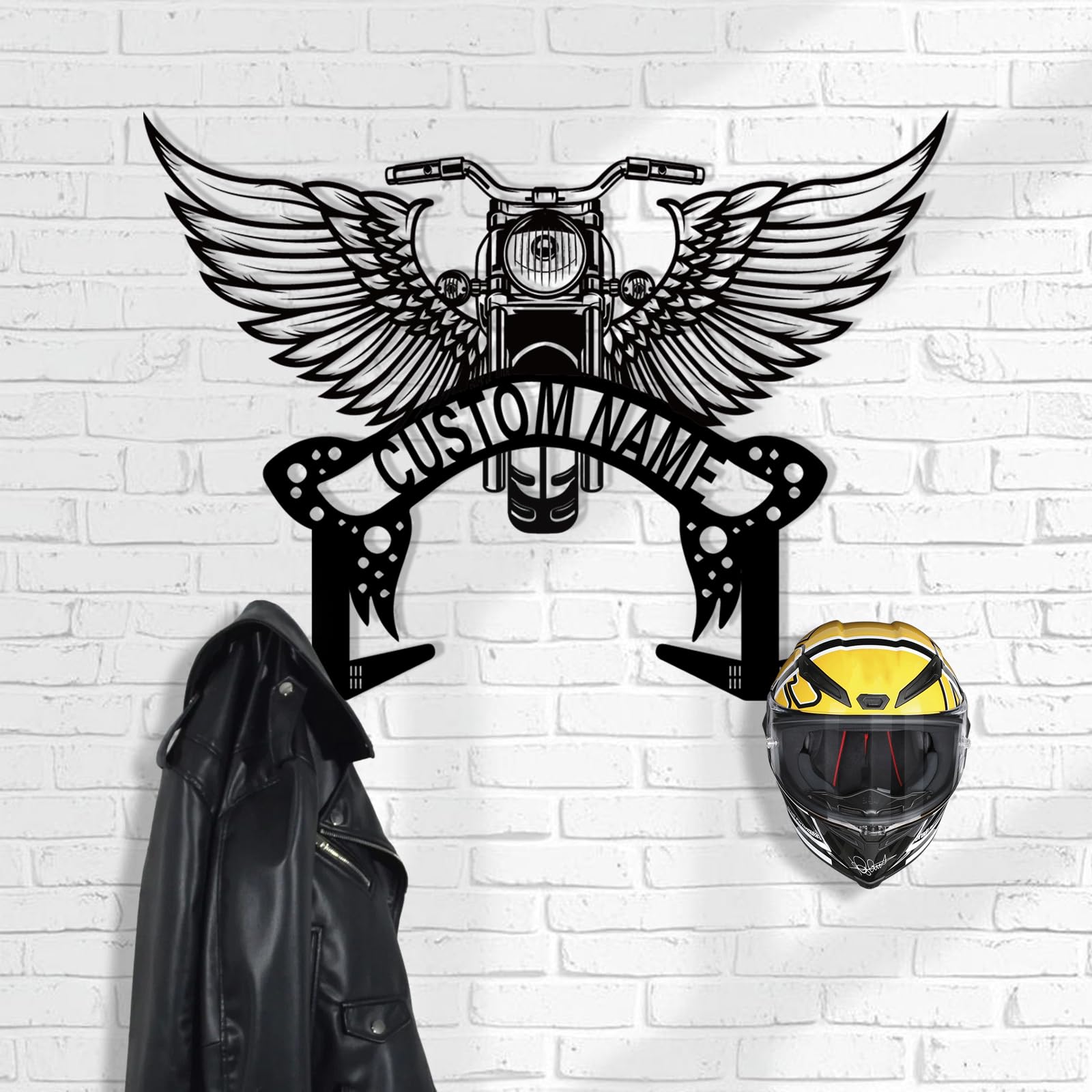 Custom Metal Motorcycle Helmet Holder Wall Mount, Personalized Name Motorcycle Helmet Rack with 2 Hooks, Motorcycle Accessories for Men, Helmet Hanger for Clothes, Jacket, Coat, Motorcycle Gear