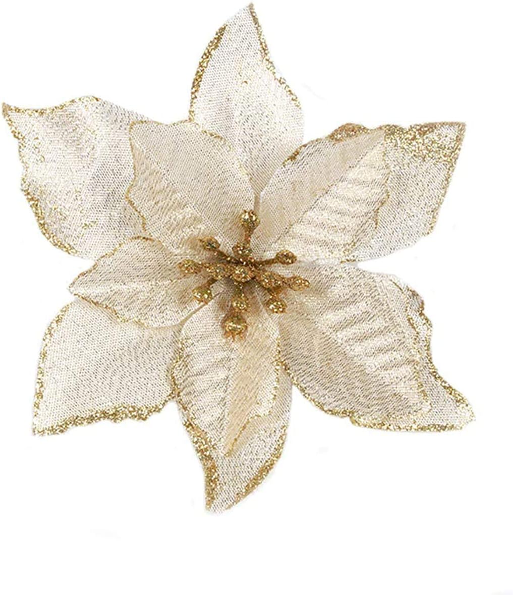 Christmas Glitter Poinsettia 10pcs Christmas Tree Ornament Artificial Wedding Christmas Flowers Wreaths Wedding Ornaments (Gold)