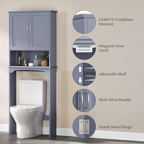 Miniatura 6 de Yaheetech Armario de baño sobre el inodoro con 2 puertas y estante ajustable, estante de inodoro independiente que ahorra espacio, 24.5 pulgadas de