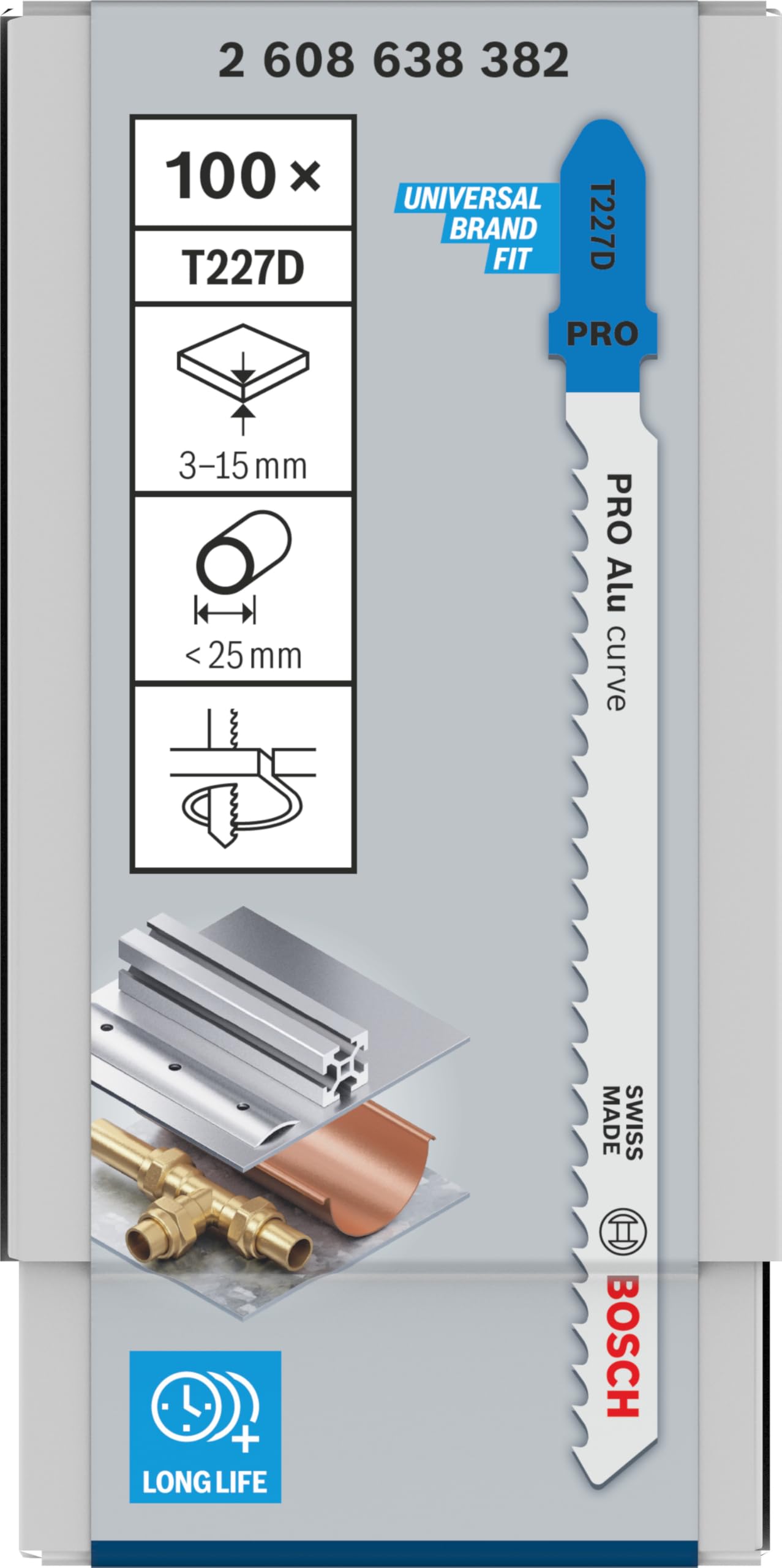 Bosch Professional 100x Hojas de sierra de calar T 227 D Special for Alu (para Aluminio, accesorios Sierra de calar), Color Plata, 3-15 mm