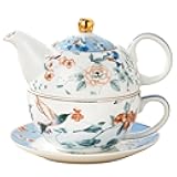 Jusalpha Porcelain Tea Set, Blue Floral Ceramic Teapot with Cup, 16 oz (Blue)