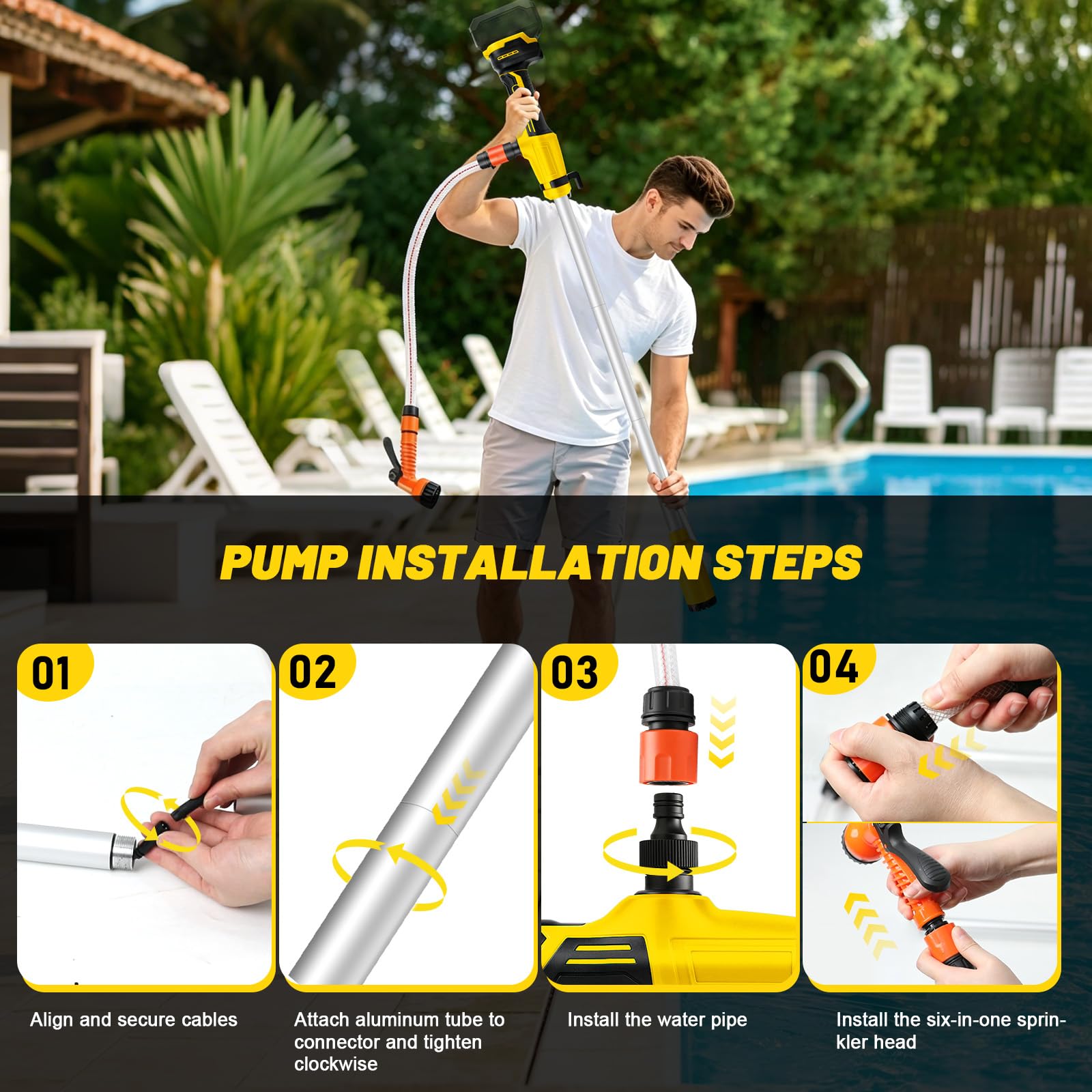 Akku-Regenfasspumpe 50 l/min kompatibel mit Dewalt 20V-Akku (ohne Batterie) | tragbare Stabpumpe, mit Sprühkopf und 1,5 m langem Schlauch, für Pools, Gärten, Teichen, Fässern