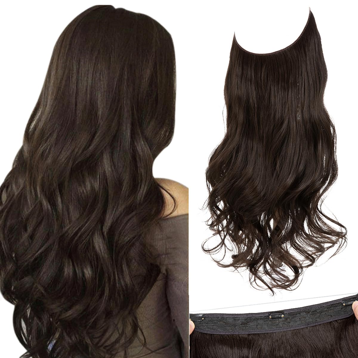SARLA Invisible Wire Hair Extensions with 3 Clips Short 14 Inch Synthetic Wavy Curly Hairpiece for Women Adjustable Transparent Headband Dark Brown