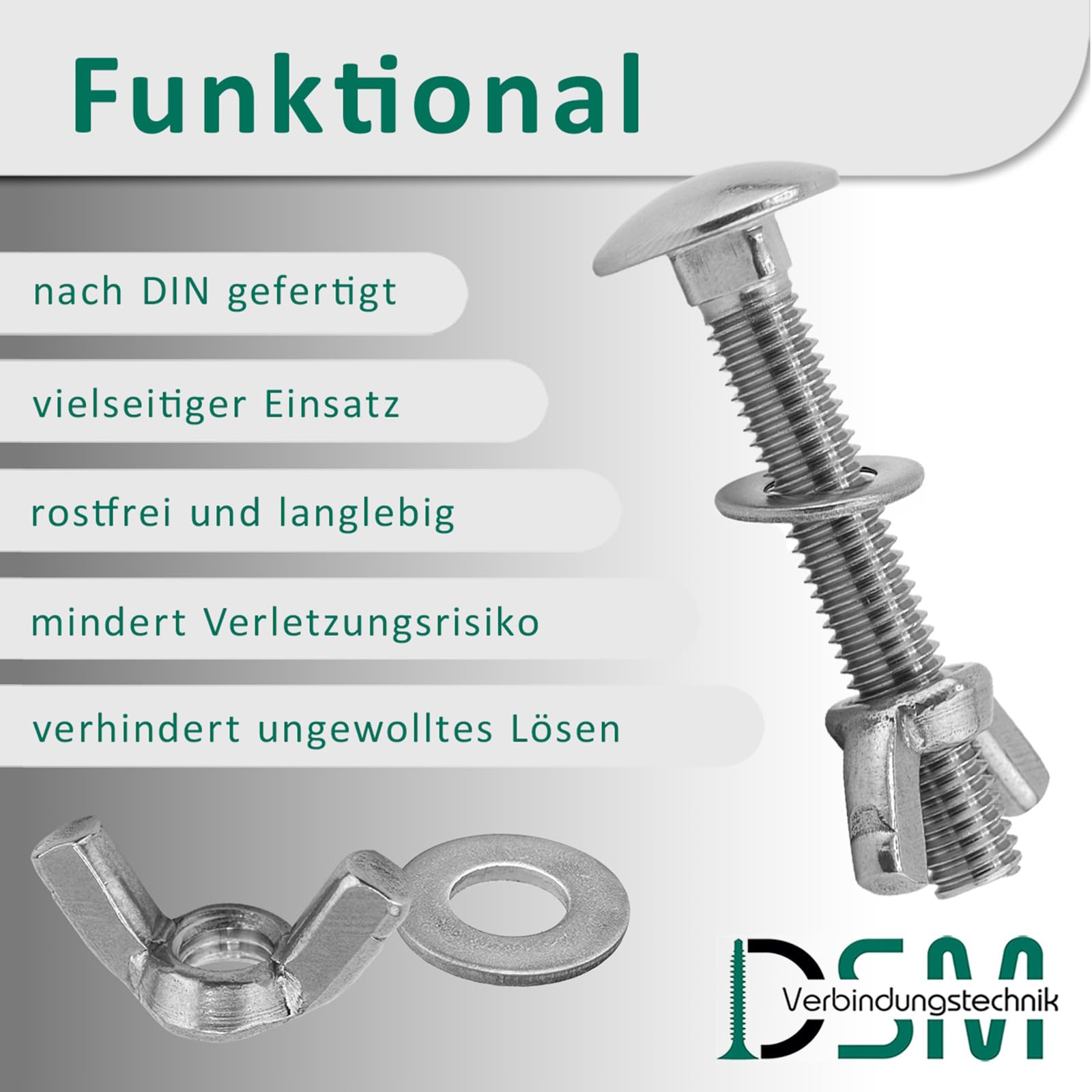 DSM – Viti a testa tonda M6 x 60 mm a norma DIN 603 – Dado ad alette M6 DIN 315 & rondella DIN 125 – Acciaio inox A2/V2A – Viti a testa tonda con attacco quadrato – Dado a farfalla – 2 pezzi