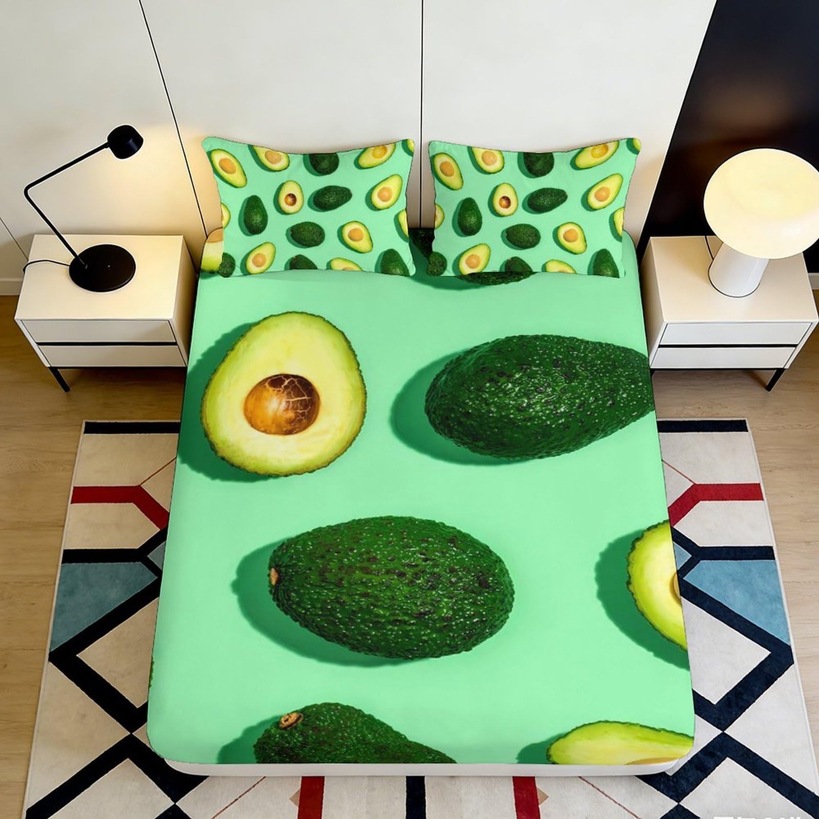 3D Printed Avocado Pattern Fitted Sheet Microfiber Deep Pocket Non-Slip Bedding Avocado Mattress Fitted Cover Full Wrap Washable 200x200x25cm