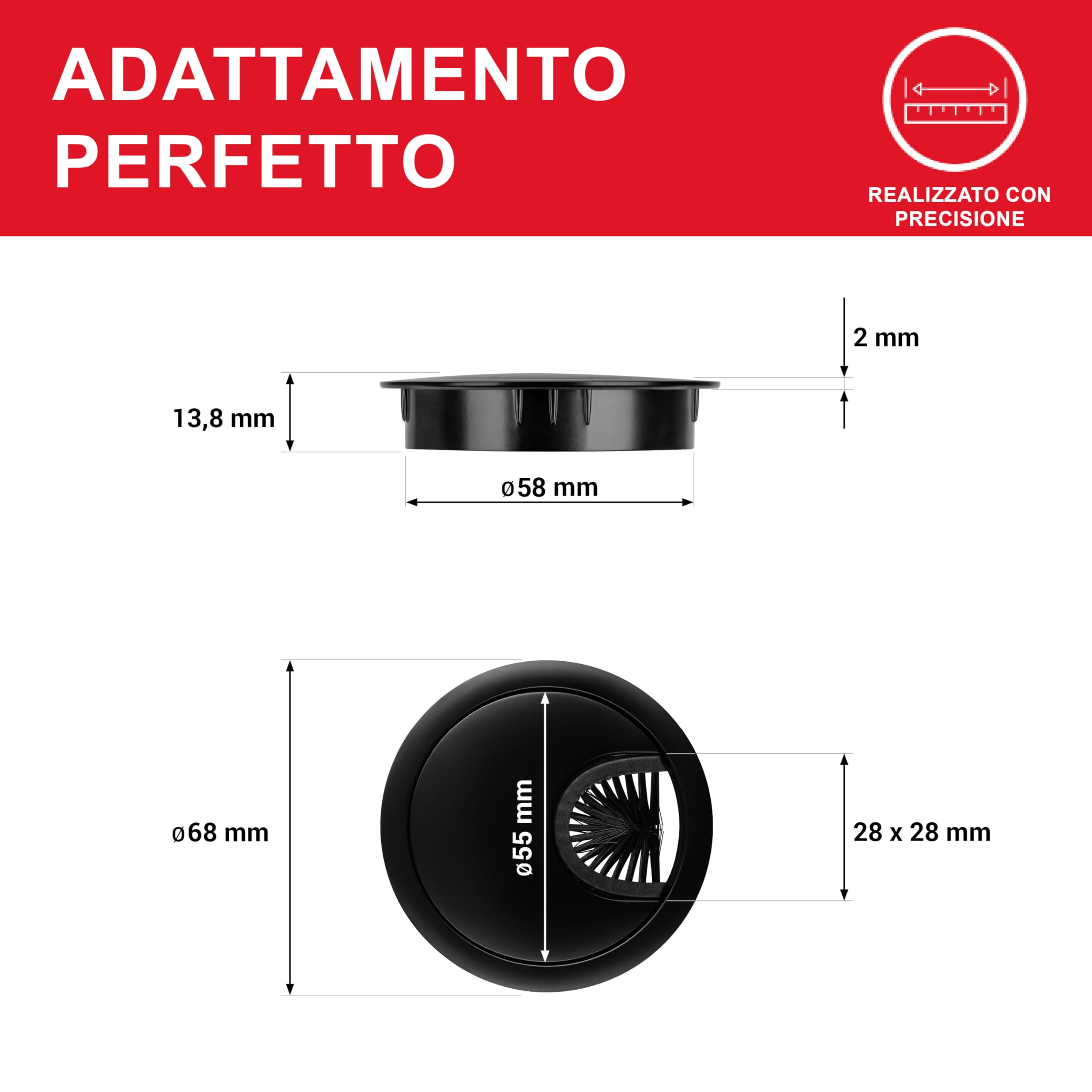 LouMaxx Guidacavi Ø 60 mm – Set di 2 pezzi in metallo nero – passacavi con guarnizione antipolvere – per una maggiore organizzazione