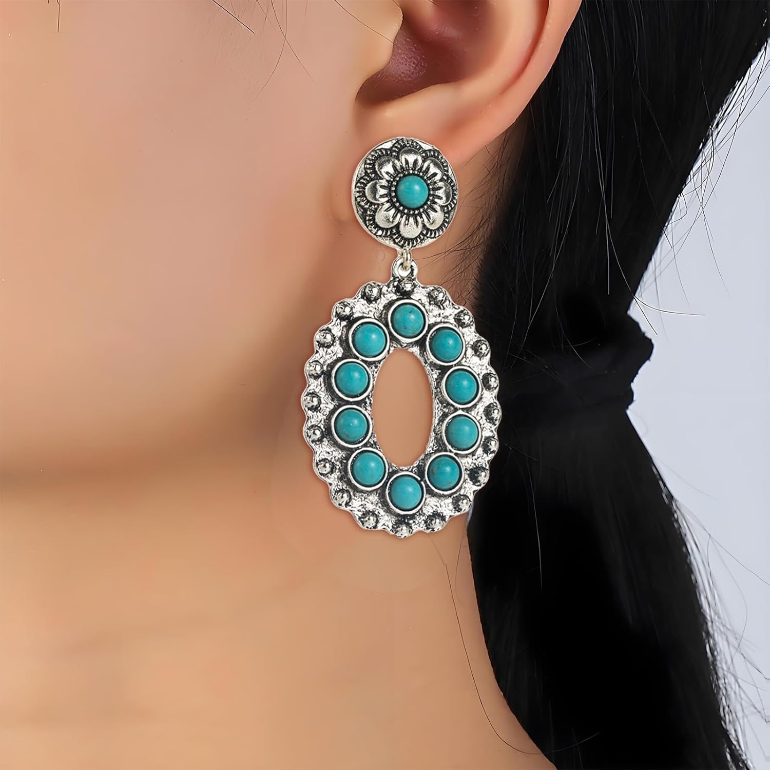 Silver Western Earrings Turquoise Earrings for Women Boho Chic Clothing Western Jewelry for Women Outfit Country Concert Outfits Cowboy Chic Rodeo Outfit Shirts Dress Accessories - Image 2