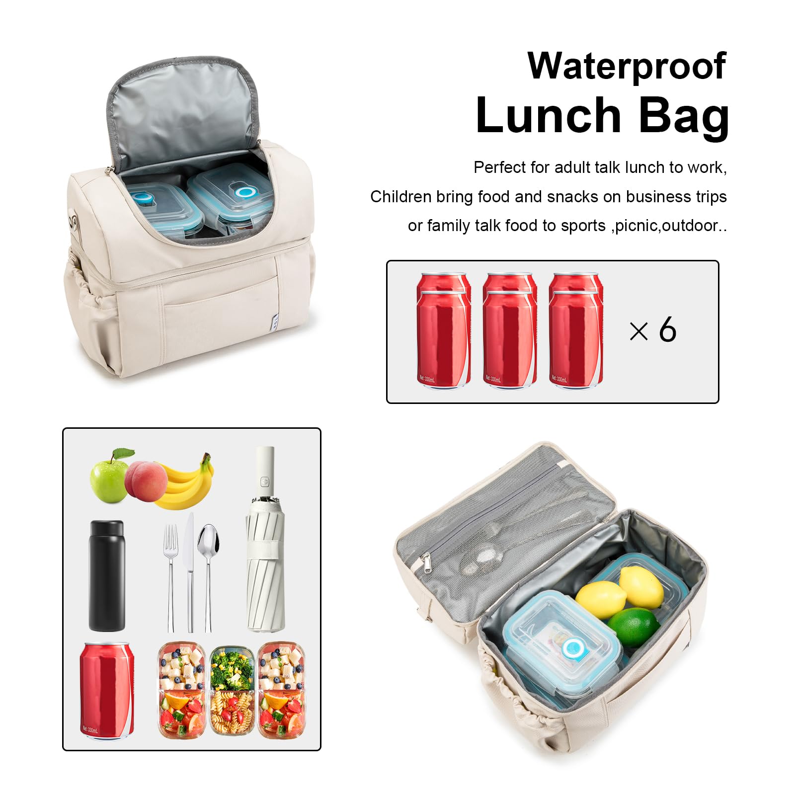 NOL Natural Organic Lifestyle Lonchera térmica para adultos, bolsa de almuerzo grande con doble compartimento, bolsa de almuerzo enfriadora, ligera, de nailon, impermeable, para el trabajo, picnic,