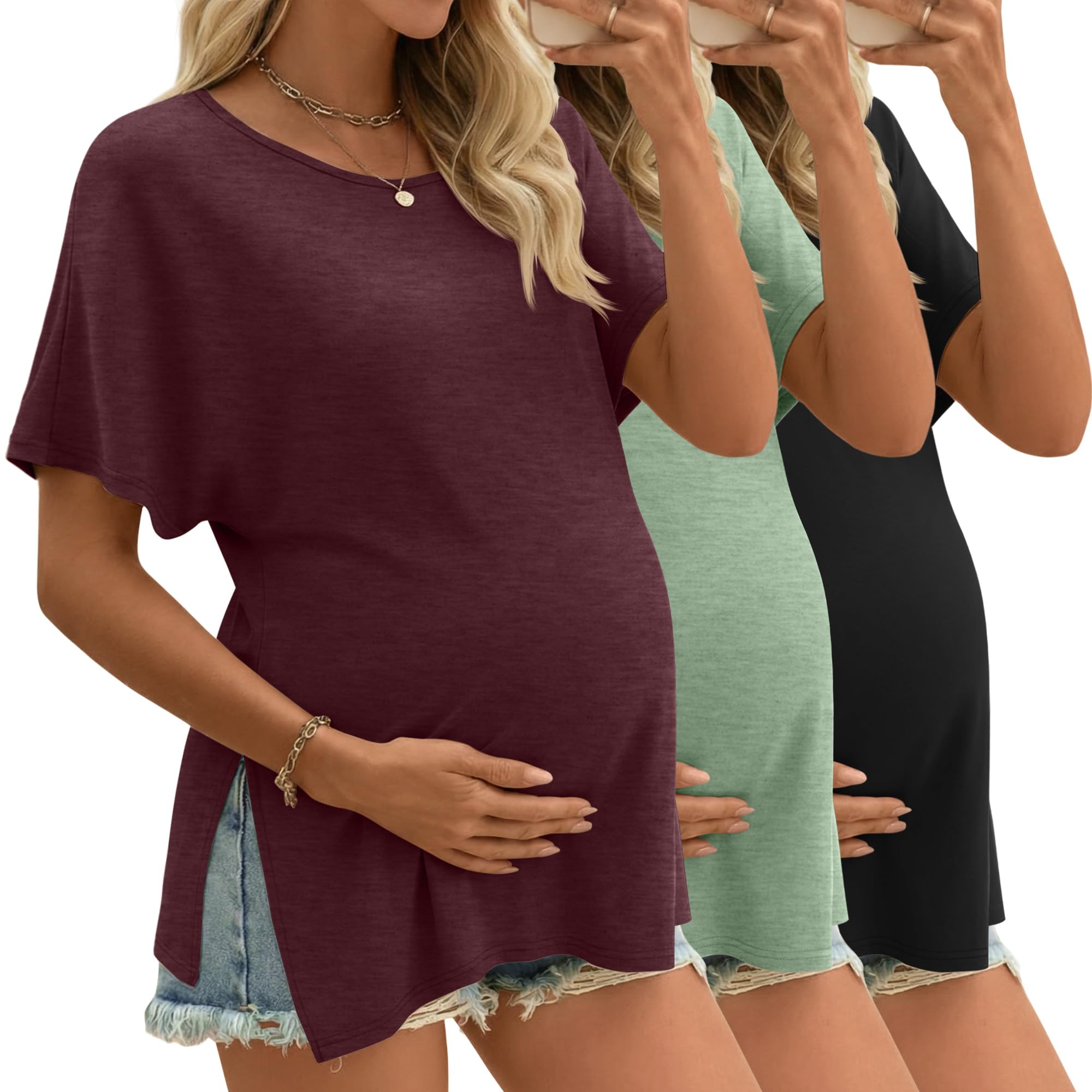 Riyiper 3er-Pack Umstandsshirts für Damen Baumwolle Sommer-Schwangerschaftskleidung Lockere Oberteile mit Seitenschlitzen