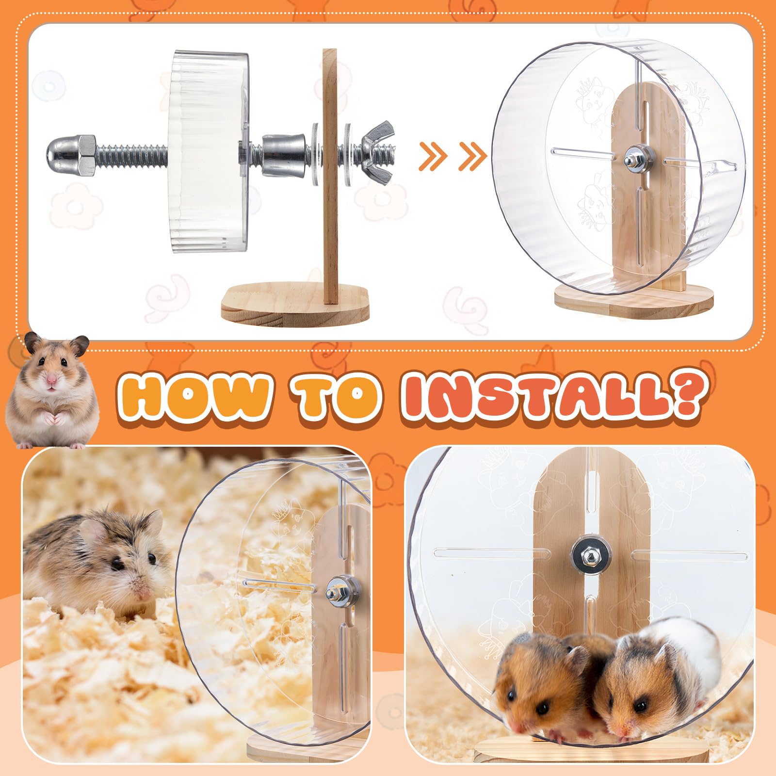 Sonwyoung 18 Pcs Hamster Cage Accessories, Silent Hamster Wheel, Chew Toys Set, Maze Wood House and Water Bottle Set for Rat Mice Small Animals Habitat (Natural Log Style) - image 3