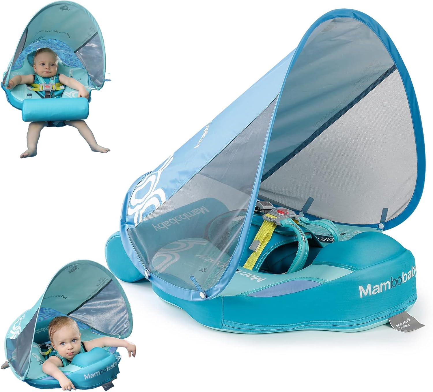 Mambobaby Float Baby Float with Canopy & Tail Non-Inflatable Infant Pool Floats Adjustable Safety Strap Toddler Swim Trainer (Green) B50336w-green