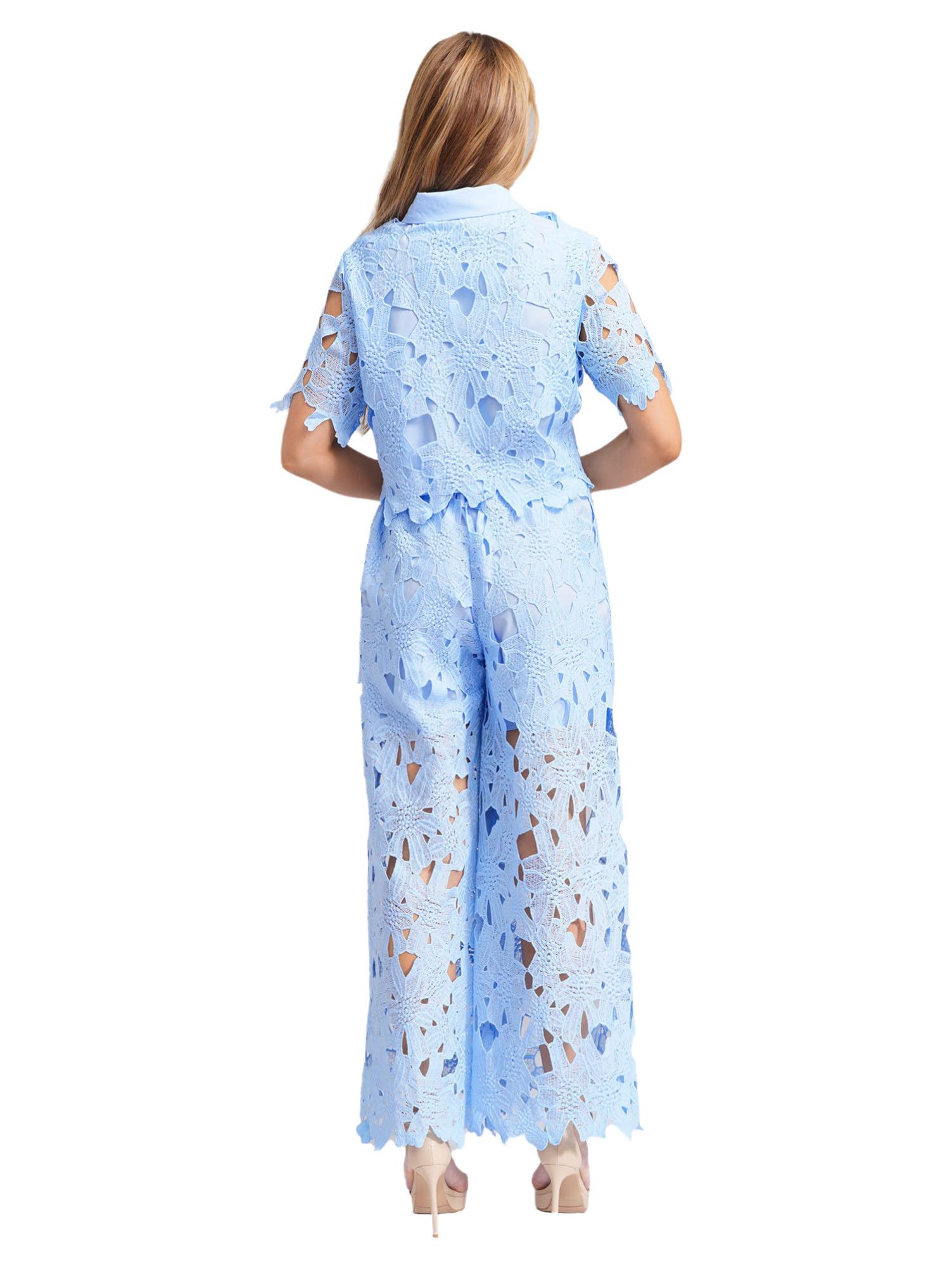 Alvivi Conjunto Mujer de 2 Piezas para Mujer Elegante con Diseño de Floral Hueco Blusa Manga Corta con Botones y Pantalones Anchos para Fiestas Noche