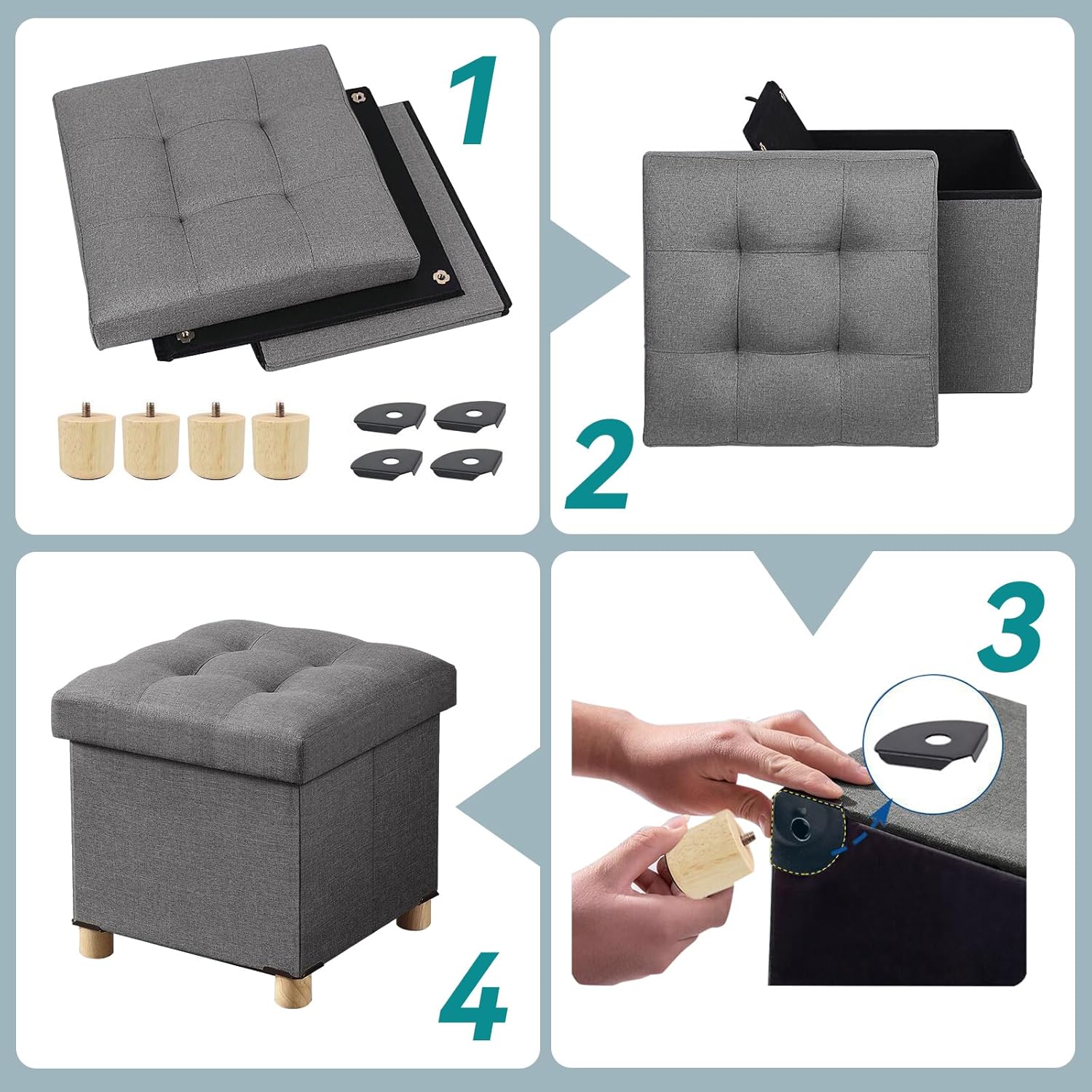 BRIAN & DANY Ottoman with Storage, Small Storage Ottoman for Dorm, Linen Folding Ottoman Foot Stool with Legs for Living Room and Bedroom, 15"x15"x15" - Gray - Image 3