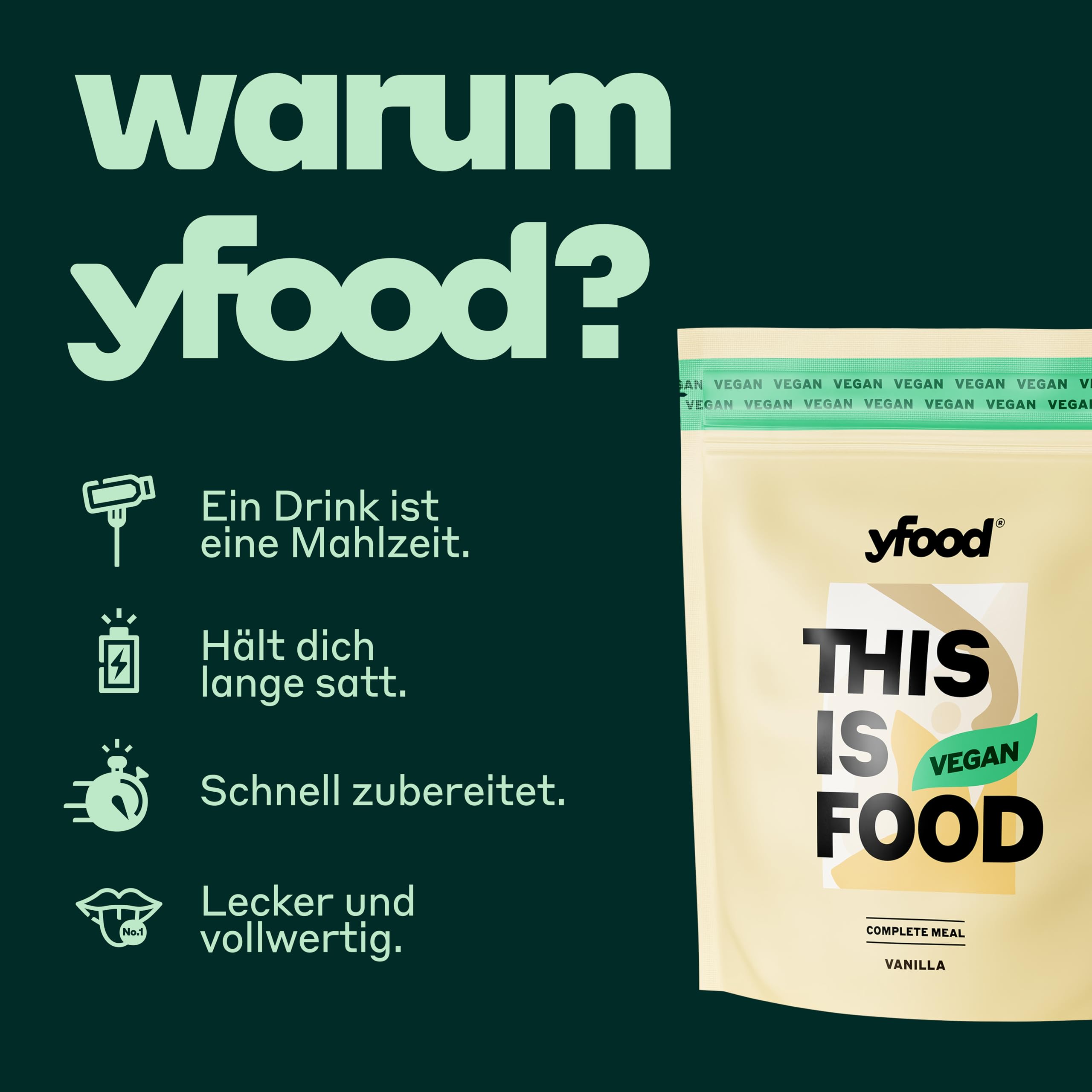 yfood Trinkmahlzeit Vegan Vanilla – 12 Mahlzeiten à 400 kcal in Pulverform – 26 g Protein, Vitamine & Mineralstoffe - Geschmack: Vanille (vegan)