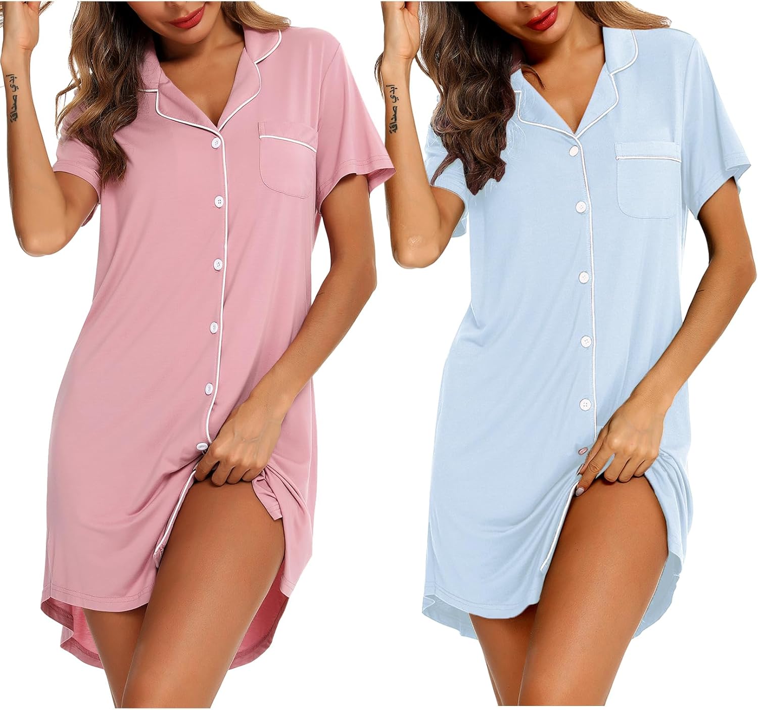 Samring 2 Pack Nightgowns for Women Short Sleeve Sleepwear Button Down Nightshirts Sleep Shirts Boyfriend Pajama Dress