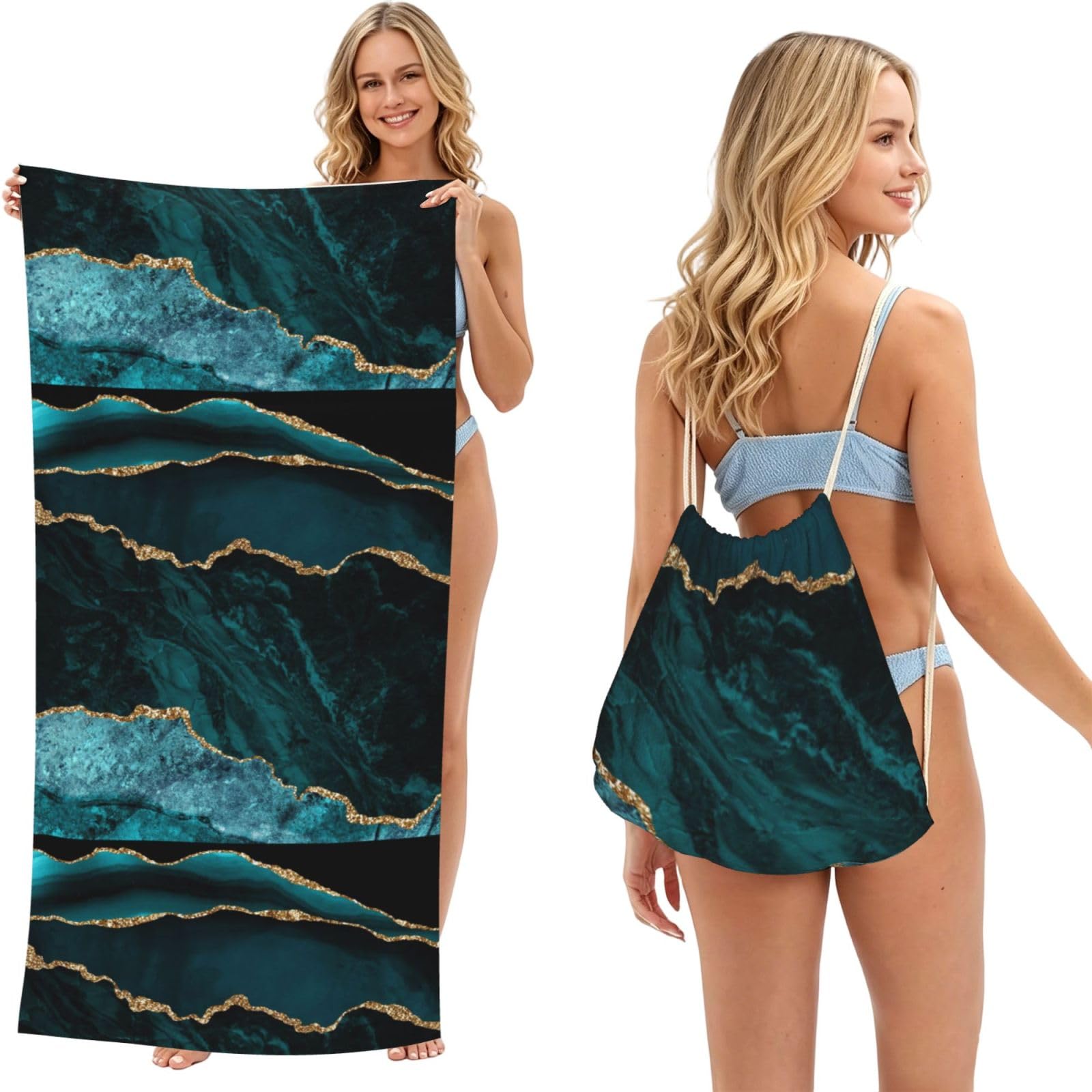 Poadnly As Picture Teal Emerald Marble L And Scapes, 2 In 1 Packable Towel Bag, Beach Towels With Drawstring Backpack For Travel Holiday Camping