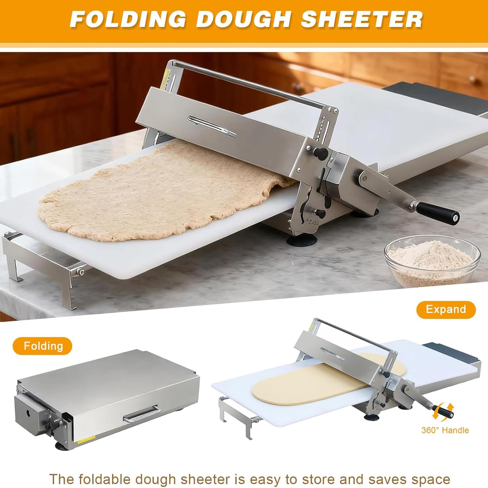 LoJax Gewerbliche Teigausrollmaschine, Faltbare Professionelle Teigrollmaschine, Einstellbare Teigdicke 0-25mm Für Gebäck, Pasta, Pizzateig Und Croissants, Croissant-Teiglaminator