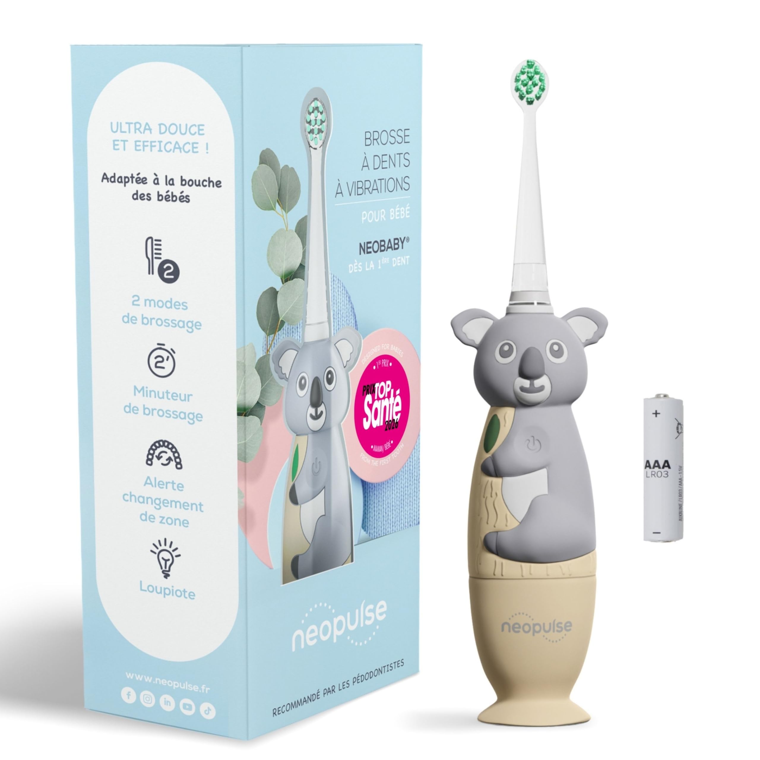 NEOPULSE NEOBABY - Cepillo de dientes eléctrico de vibración o manual para bebé desde el primer diente + cabezal de cepillo ultra suave - inspirado en tecnología sónica - cabeza luminosa -