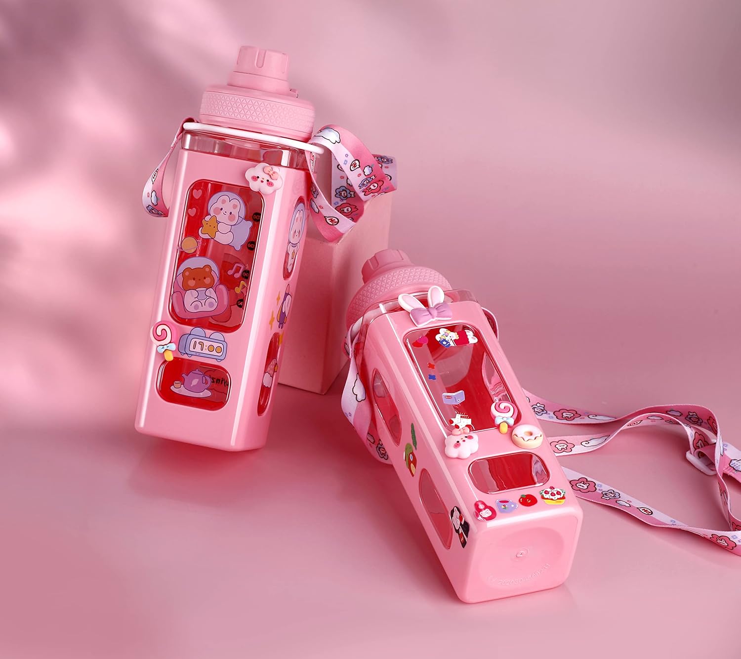 Kawaii Bear Pastel Water Bottle With 3D Sticker 700ml Plastic Travel Tea Juice Milk Portable Cute Shaker Drink Bottle Gift (Pink)