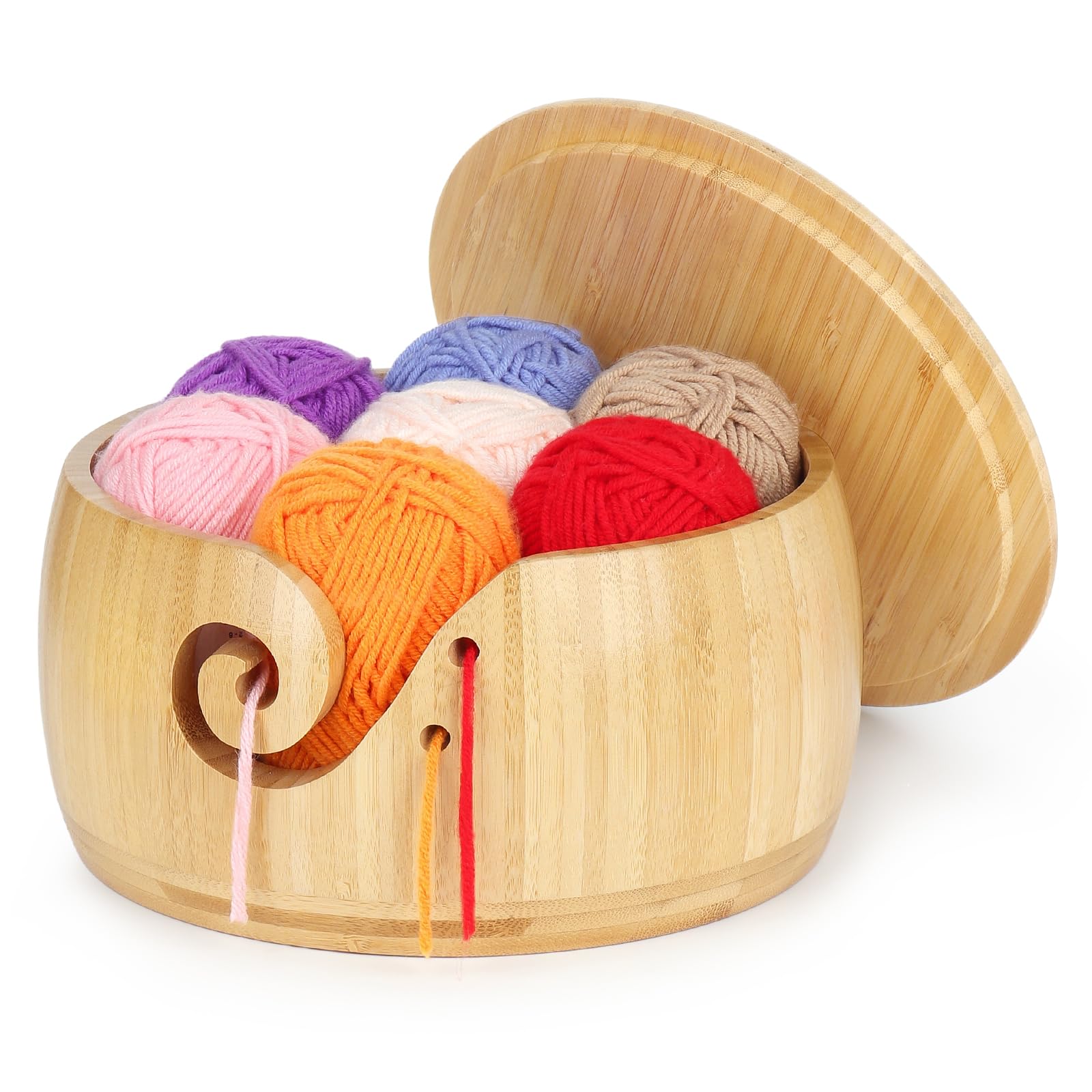 Reessy Yarn Bowl, Wooden Yarn Storage Bowl with Removable Lid for Crocheting and Knitting, Large Crochet Bowl 21cm×21cm×10cm - Knitting Bowls Wool Holder for Yarn Balls Storage