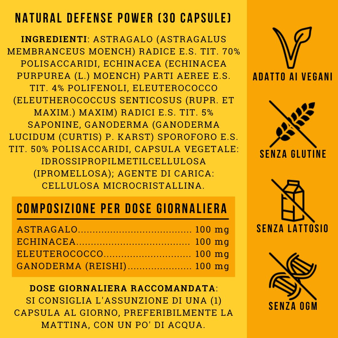 Natural Defense Power, Integratore Difese Immunitarie, Complesso con Astragalo, Echinacea Purpurea, Eleuterococco e Ganoderma (Fungo Reishi), Immunostimolante per Rafforzare il Sistema Immunitario