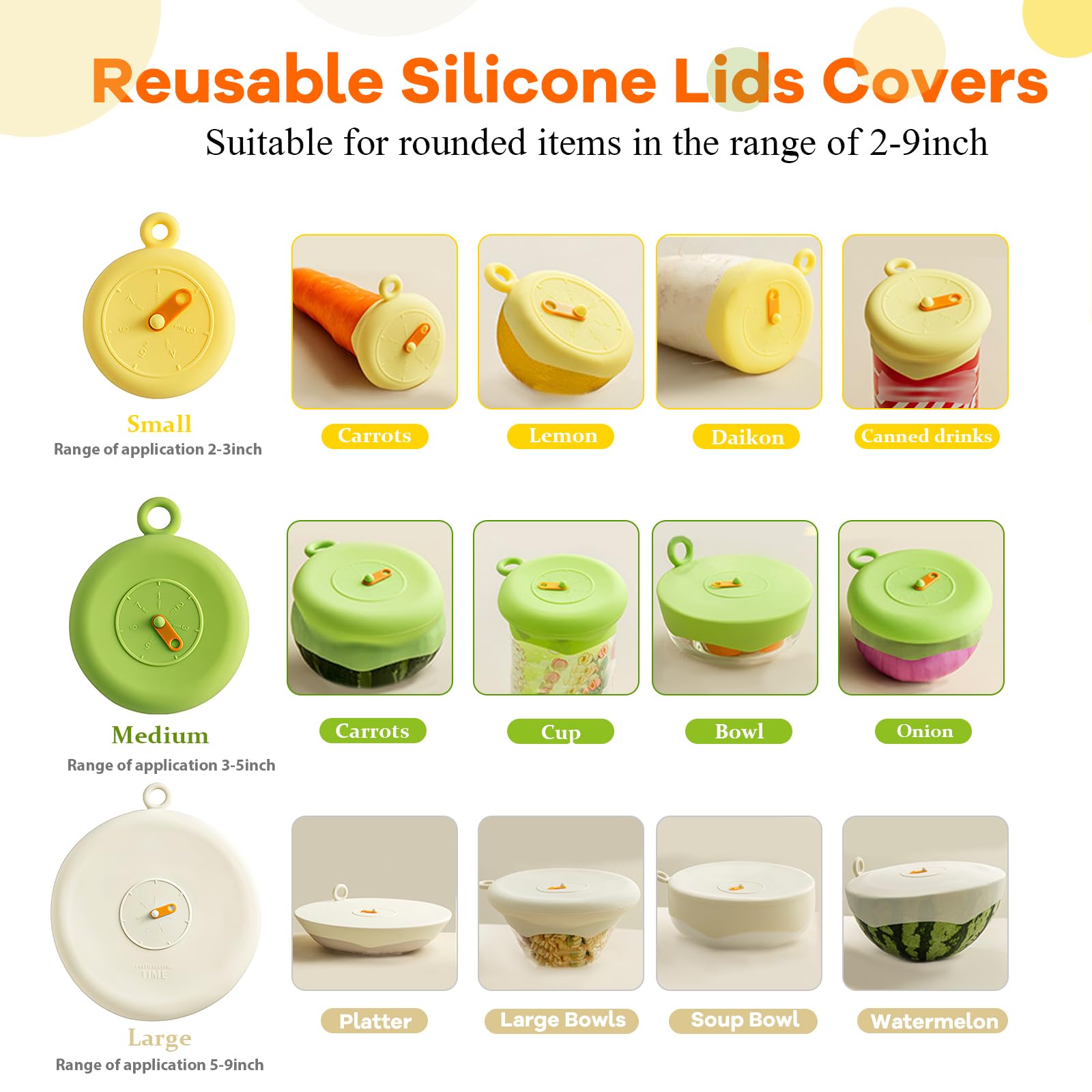 Lot de 6 couvercles extensibles en silicone de qualité alimentaire réutilisables avec horloges, couvercles en silicone pour conserver la fraîcheur des fruits, légumes et bols, passent au micro-ondes