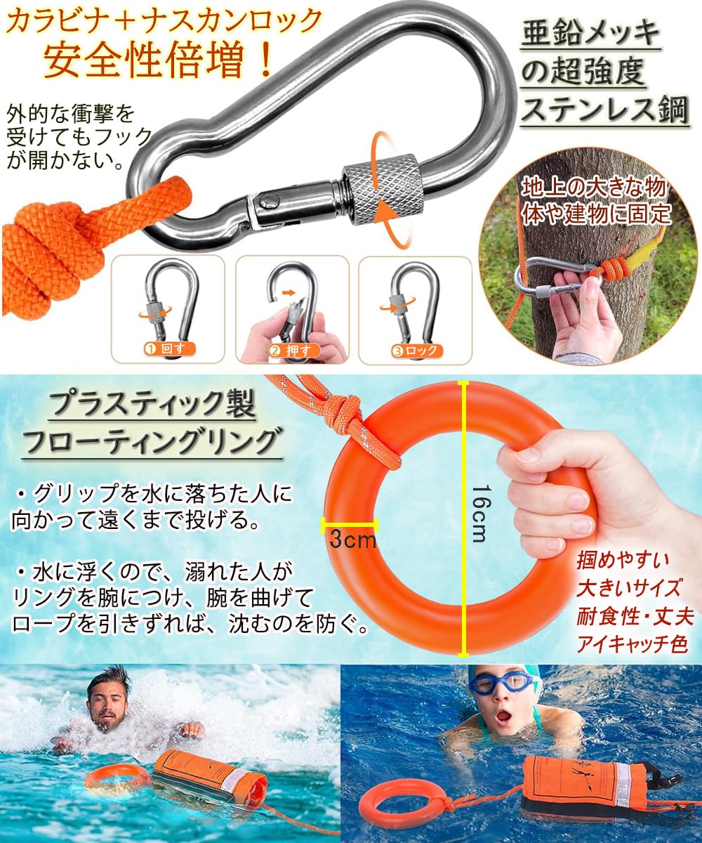 救命ロープ 水に浮く NGELOM プロ仕様 高視認性 反射ストライプ入り 15m スローバッグとカラビナ付き 防災・津波・洪水・水難救助・アウトドア対応 浮力付きレスキューロープ 人助けは自分助け - 4