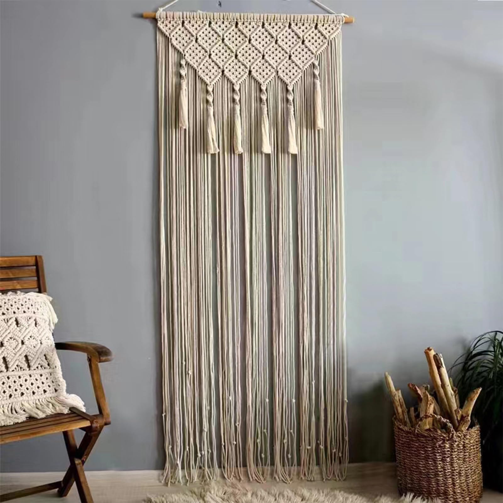 Boho Vorhang Makramee Blickdicht, Baumwolle Vorhänge mit Kräuselband für Schlafzimmer & Wohnzimmer – Behang als Raumteiler für Hochzeitsdeko(180 * 95cm)