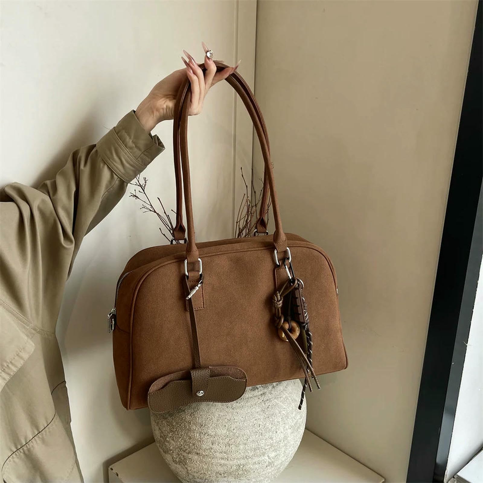 Handtasche Frauen Große Wildleder Bowling Umhängetasche Kapazität Crossbody Mit Langem Riemen-kaffee-40x25x13cm